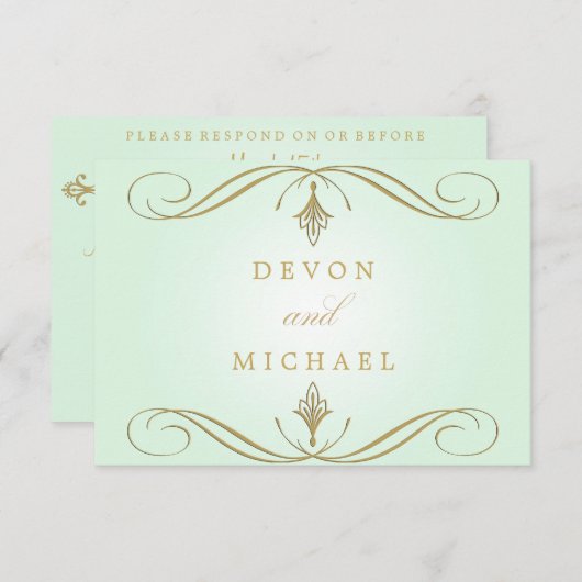 Mint Green and Gold Swirl Wedding Response Cards RSVP Kaartje (Voorkant / Achterkant)