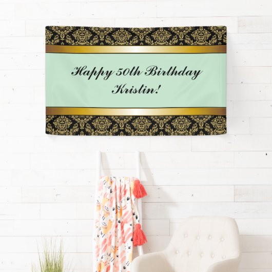 Mint Green Any Age Gold Damask Birthday Banner (Insitu)