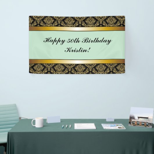 Mint Green Any Age Gold Damask Birthday Banner (Beurs)