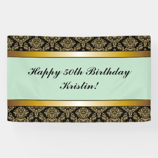 Mint Green Any Age Gold Damask Birthday Banner (Horizontaal)