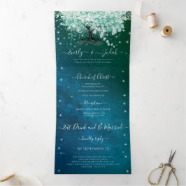 Mint Green Aqua Zee Blue Heart Leaf Tree Wedding Drieluik Uitnodiging