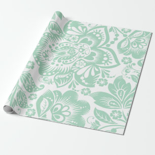 Mint Green Baroque Floral Damascus on White No. 2 Cadeaupapier