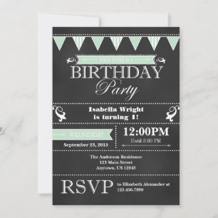 Mint Green Black Chalkboard Birthday Invitation Kaart