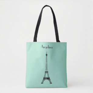 Mint Green Black Paris Eiffeltoren met naam Tote Bag