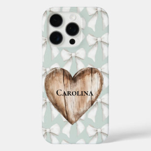 Mint Green Boho Bows Faux Wood Heart iPhone 16 Pro Hoesje