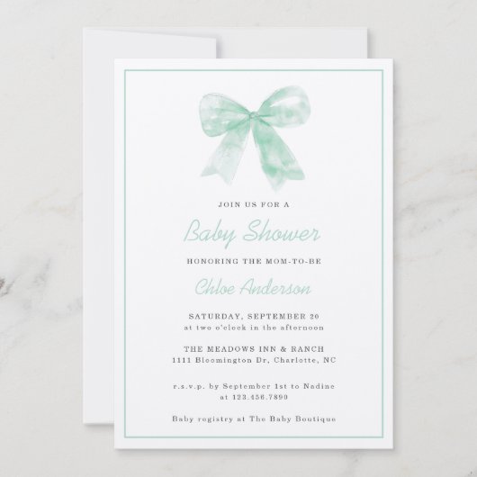 Mint Green Bow Minimaal Genderneutraal Baby shower Kaart (Voorkant)