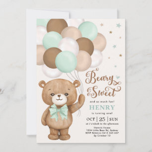 Mint Green Brown Teddy Bear met Balloons Birthday Kaart