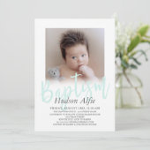 Mint Green Brush Script Photo Baptisme Kaart (Staand voorkant)
