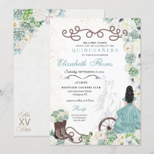 Mint Green Cacti Western Charro Horse Quinceañera Kaart