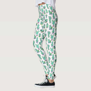 Mint Green Cactus & Succulent Plant Pattern Leggings