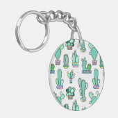 Mint Green Cactus & Succulent Plant Pattern Sleutelhanger (Voorkant Links)