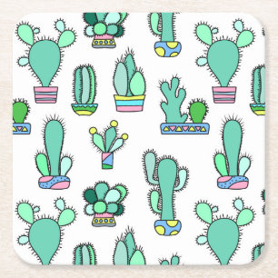 Mint Green Cactus & Succulent Plant Pattern Vierkante Kartonnen Onderzetter