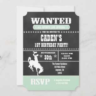 Mint Green Chalkboard Cowboy Birthday Uitnodiging