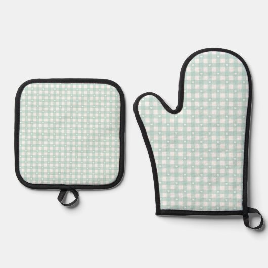 Mint Green Checks Oven Mitt & Pot Holder Set (Voorkant)