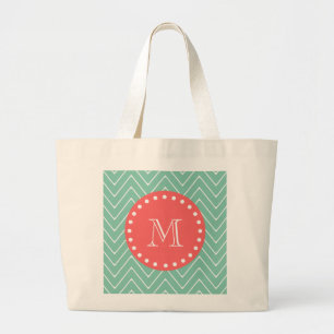Mint Green Chevron Pattern Koraalmonogram Grote Tote Bag