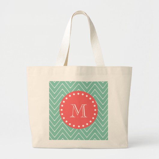Mint Green Chevron Pattern | Koraalmonogram Grote Tote Bag (Voorkant)