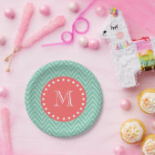 Mint Green Chevron Pattern | Koraalmonogram Papieren Bordje (Feest)