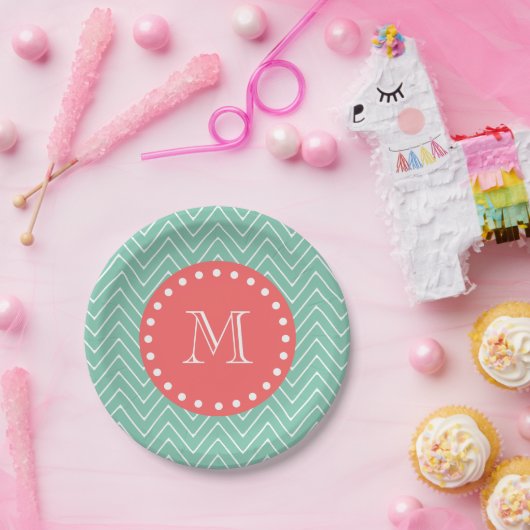 Mint Green Chevron Pattern | Koraalmonogram Papieren Bordje (Feest)
