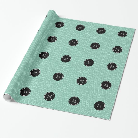 Mint Green Chevron Pattern | Zwart monogram Cadeaupapier (Uitgerold)