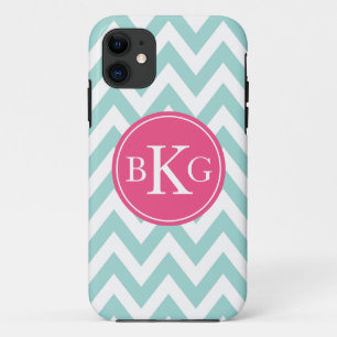 Mint Green Chevron & Pink Custom Monogram iPhone 11 Hoesje