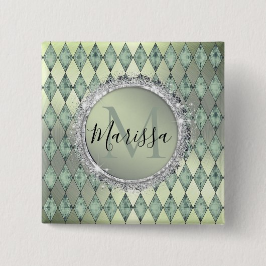 Mint Green Chic Harlequin Monogram Button (Voorkant)