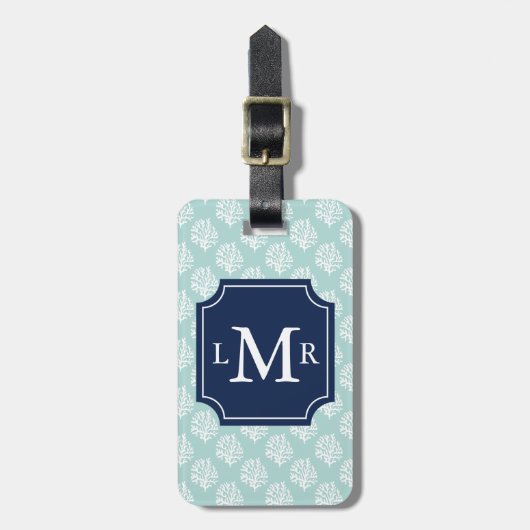 Mint Green Coral Reef en Blue Monogram Bagagelabel (Voorkant verticaal)