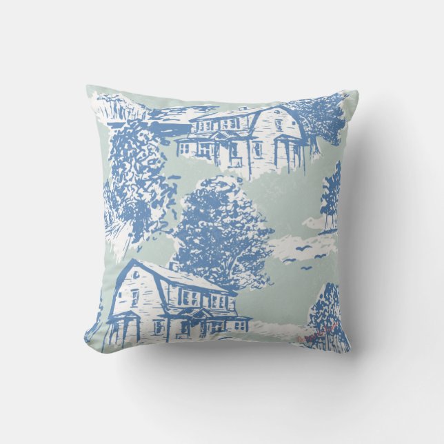Mint Green & Cornflower Blue Toile Design Kussen (Voorkant)