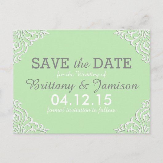 Mint Green Damask Elegant Save the Date Briefkaart (Voorkant)