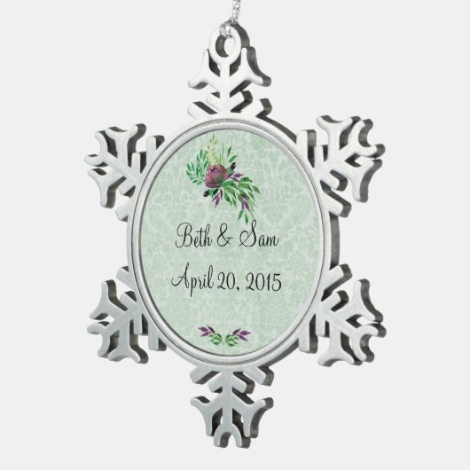 Mint Green Damask Memory Pewter Snowflake Ornament (Rechts)