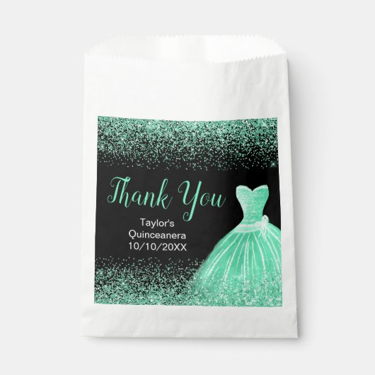 Mint Green Dress Faux Glitter Quinceanera Bedankzakje (Voorkant)