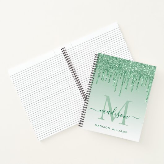 Mint Green Drips Glitter Sparkle Monogram Script Notitieboek (Binnen)