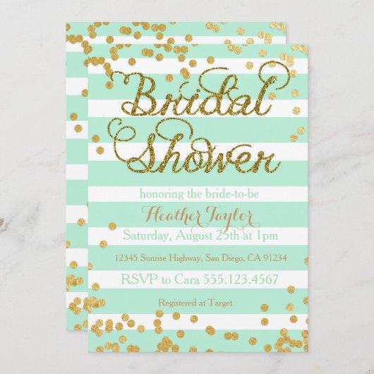 Mint Green en Gold Bridal Shower-uitnodiging Kaart (Voorkant / Achterkant)