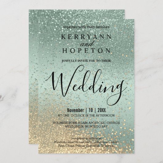 Mint Green en Gold Glitter Invitation Kaart (Voorkant / Achterkant)