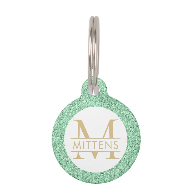 Mint Green en Gold Glitter Sparkly Monogram Huisdierpenning (Voorkant)