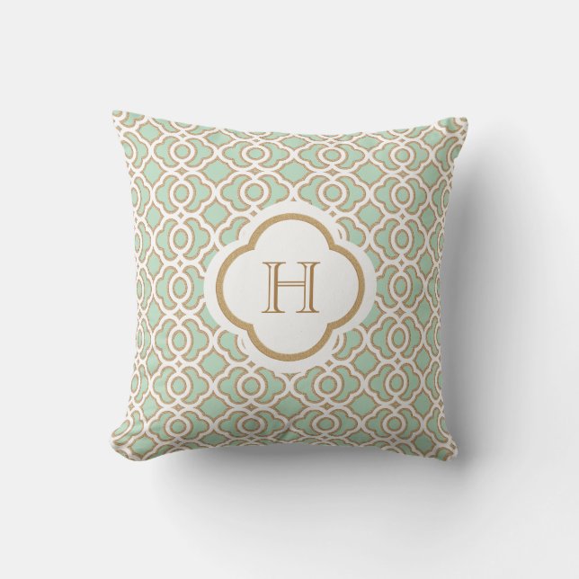 Mint Green en Gold Moroccan Monogram Kussen (Voorkant)