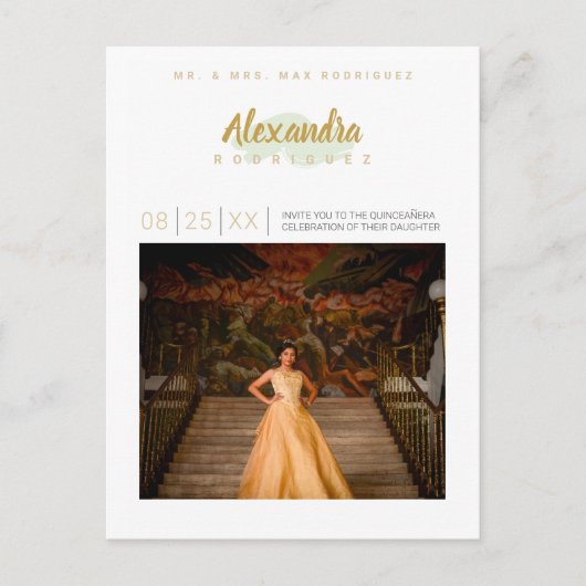 Mint Green en Gold Photo Quinceanera Uitnodiging Briefkaart (Voorkant)