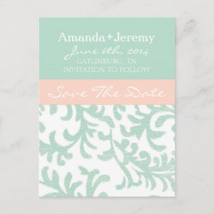 Mint Green en Peach Pink Damask Bewaar de datum Aankondigingskaart