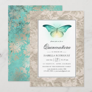 Mint Green en Pearl Damask Quinceañera Kaart