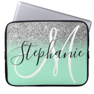 Mint Green en Silver Glitter Ombre Monogram Laptop Sleeve