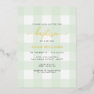 Mint Green En vichy Baptême Gold Foil Invitation