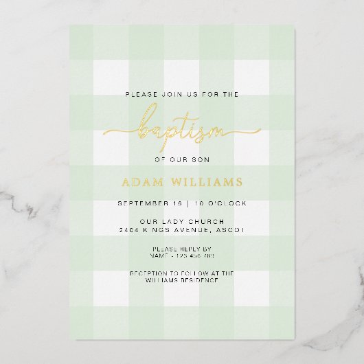 Mint Green En vichy Baptême Gold Foil Invitation (Recto)