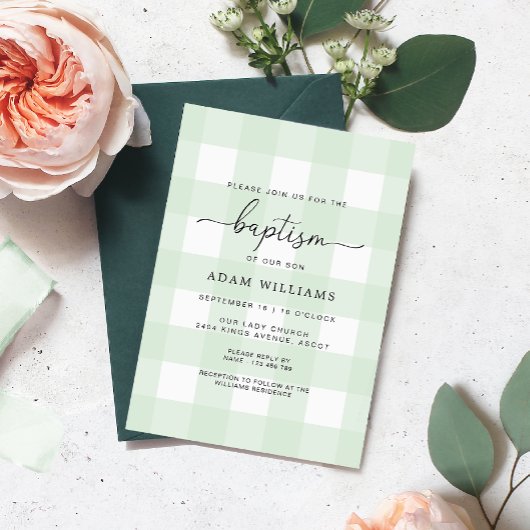 Mint Green En vichy Baptême Invitation