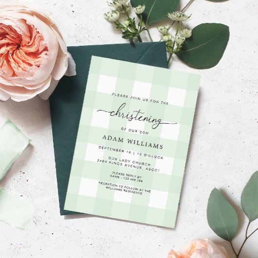 Mint Green En vichy Christening Invitation