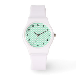 Mint Green en White Chevron Pattern Horloge