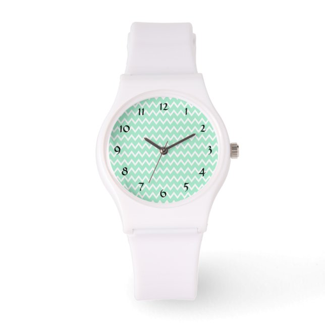 Mint Green en White Chevron Pattern Horloge (Voorkant)