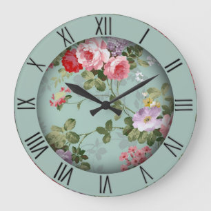 Mint Green Floral Design Roman Numeriek Grote Klok