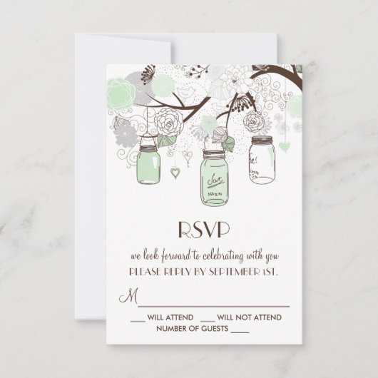 Mint Green Floral Mason Jars Wedding RSVP Kaart (Voorkant)
