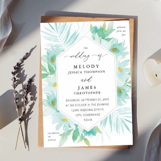Mint Green Floral Tropical Wedding Kaart