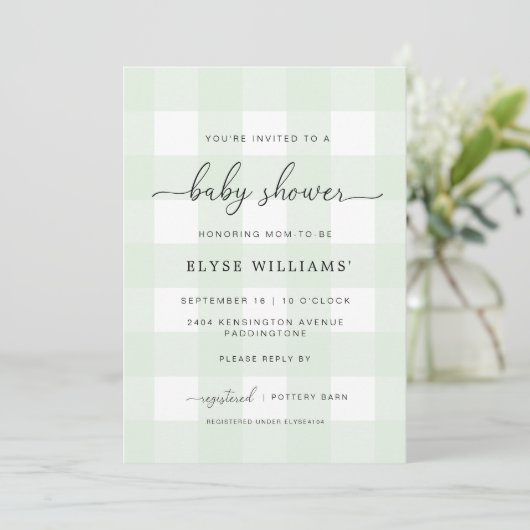 Mint Green Gingham Baby shower Invitation Kaart (Staand voorkant)