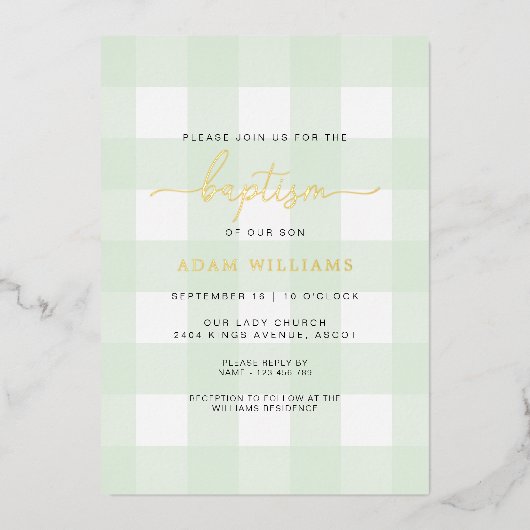 Mint Green Gingham Baptism Gold Foil Invitation Folie Uitnodiging (Voorkant)